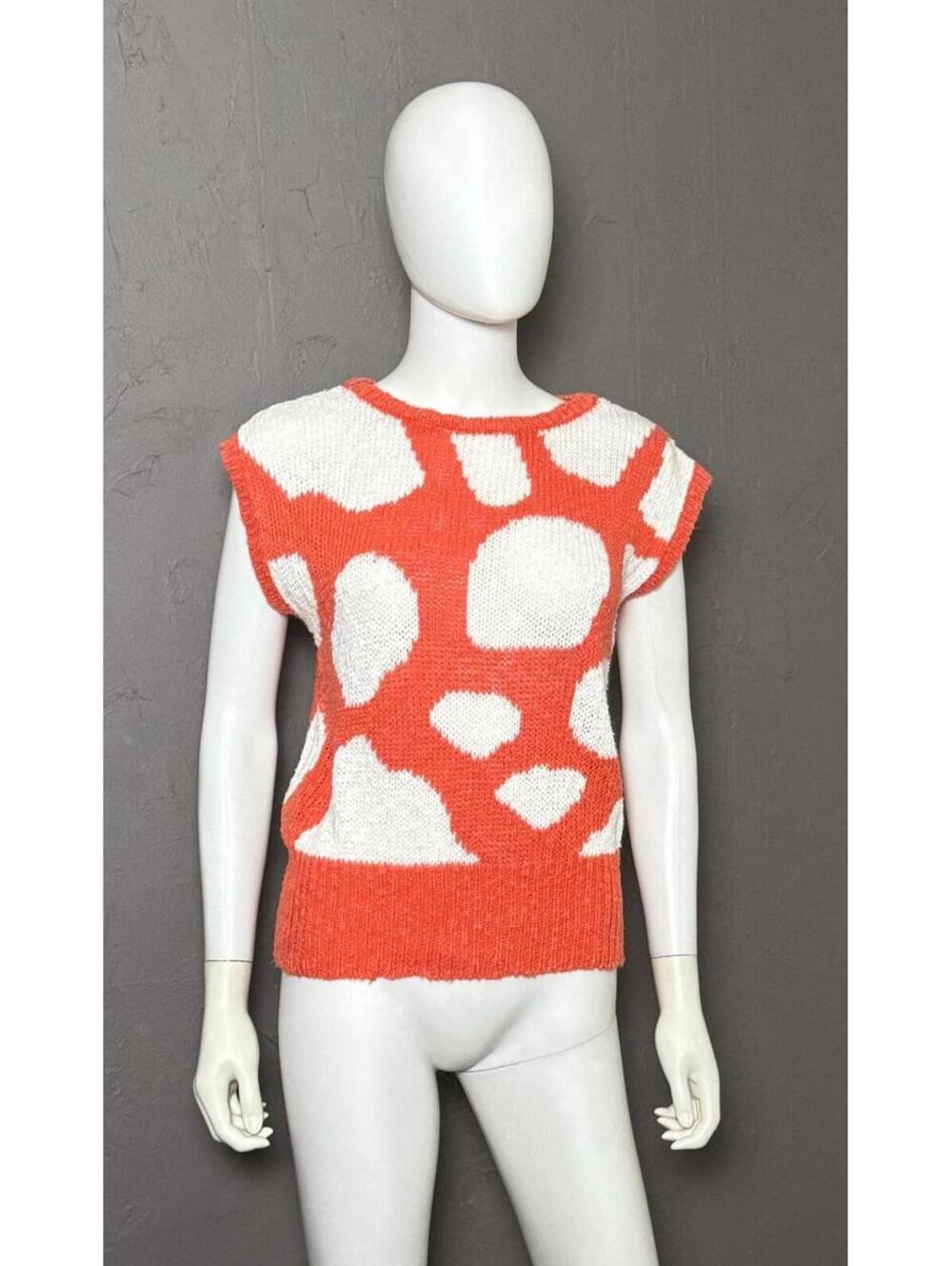 80's Coral x White Giraffe Spot Sleeveless Hand Knit Sweater Top size S/M